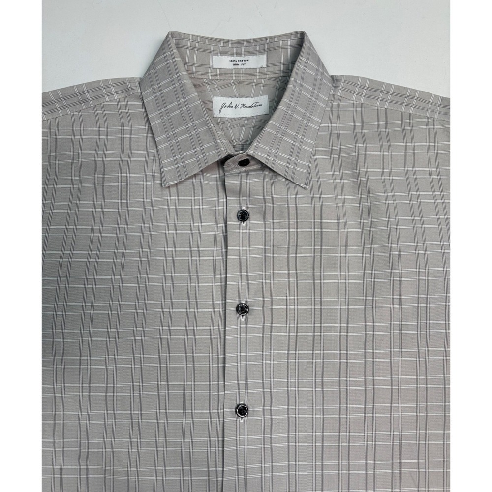John W Nordstrom Mens 16.5 32-33 Trim Fit Grey Plaid Cotton Dress Shirt Long Slv